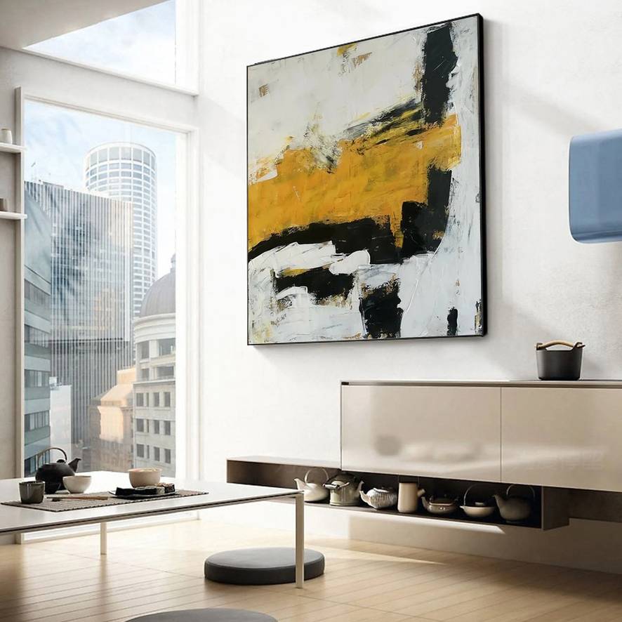 Painting Minimal Black Yellow Abstract Canvas Artwork 9IZM3 wall art